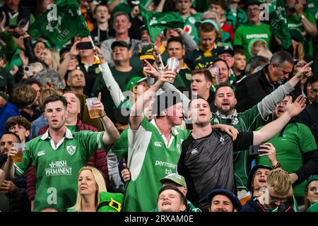 Saint Denis, France. 23rd Sep, 2023. Supporters of Ireland during the World Cup 2023, Pool B rugby union match between South Africa and Ireland on September 23, 2023 at Stade de France in Saint-Denis near Paris, France - Photo Matthieu Mirville/DPPI Credit: DPPI Media/Alamy Live News Stock Photo