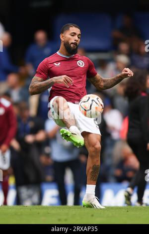 London, UK. 24th Sep, 2023. Douglas Luiz of Aston Villa warms up during the Premier League match between Chelsea and Aston Villa at Stamford Bridge, London, England on 24 September 2023. Photo by Ken Sparks. Editorial use only, license required for commercial use. No use in betting, games or a single club/league/player publications. Credit: UK Sports Pics Ltd/Alamy Live News Stock Photo