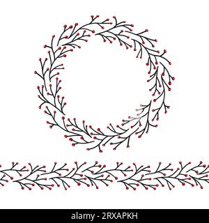 Winter berry branch circle wreath and seamless boarder for card or invitations, scrapbook in delicate pastel color. Vector background frame, isolated Stock Vector