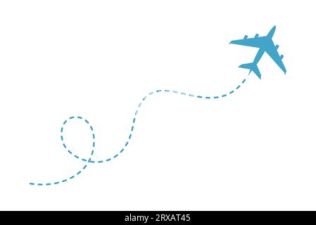 Flying airplane and dashed line flight route isolated on white background. Flat vector illustration Stock Vector