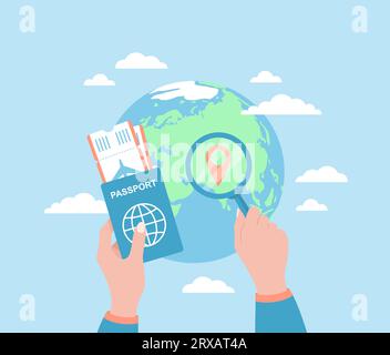 Hands holding passport with airline tickets and magnifying glass over location icon on Earth globe. Flat vector illustration Stock Vector