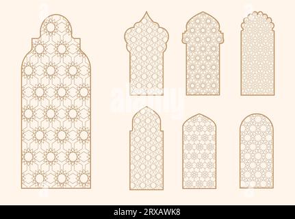 Islamic window shape with mashrabiya pattern. Arabic door frame. Islamic arhitecture elements of window and door and mashrabiya pattern. Stock Vector