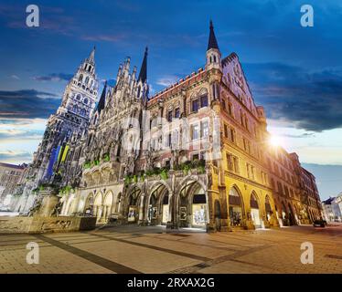 Munich. Cityscape image of Marien Square in Munich, Germany during twilight blue hour. Stock Photo