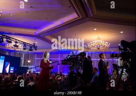 Washington, Vereinigte Staaten. 15th Sep, 2023. Journalists work their stand ups on the back riser during the Pray Vote Stand Summit at the Omni Shoreham Hotel in Washington, DC, Friday, September 15, 2023. Credit: Rod Lamkey/CNP/dpa/Alamy Live News Stock Photo