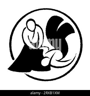 Aikido black and white ink logo, hand drawn brusk strokes. Simple drawing of Japanese martial art. Vector illustration. Stock Vector