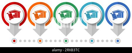 Warehouse and shipping barrow, delivery, freight concept vector icon set, flat design infographic template, set pointer concept icons in 5 color optio Stock Vector