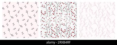 Winter berry branch seamless pattern set for textile or wallpaper, scrapbook in delicate pastel pink color. Vector background, hand drawn doodle simpl Stock Vector