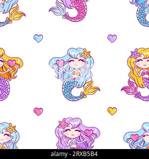 Seamless pattern of cute little mermaids with hearts for design on a white background. Vector illustration. Stock Vector