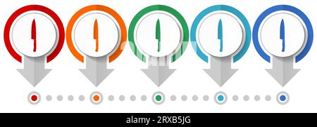 Kitchen kinfe vector icon set, flat design infographic template, set pointer concept icons in 5 color options for webdesign and mobile applications Stock Vector