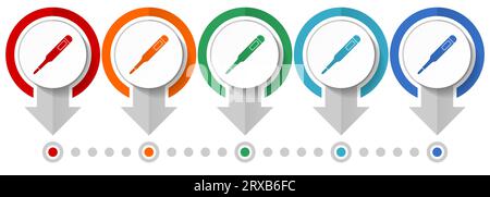 Electronic digital medical thermometer vector icon set, flat design infographic template, set pointer concept icons in 5 color options for webdesign a Stock Vector