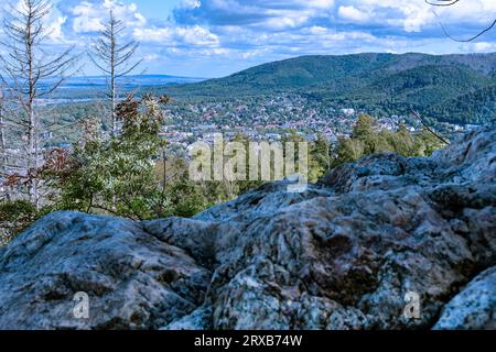 Vom Rand einer freien Stelle am Berg, viel grün belebt den Vordergrund. Dann fällt der Blick auf Bad Harzburg im Tal. Die Berge drum rum sind bewalde Stock Photo