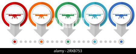 Drone, copter, aerial camera vector icon set, flat design infographic template, set pointer concept icons in 5 color options for webdesign and mobile Stock Vector