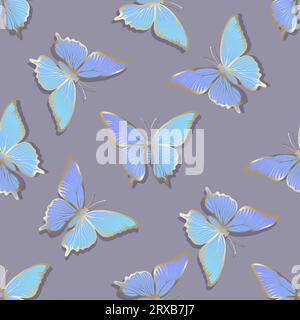 Golden blue butterflies on a gray background. Seamless pattern of moths ...