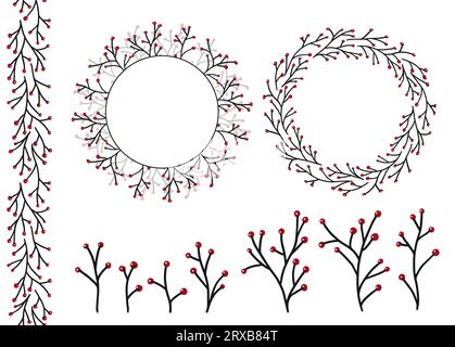 Winter berry branch set, circle wreath and seamless boarder for card or invitations, scrapbook in delicate pastel color. Vector background frame, isol Stock Vector