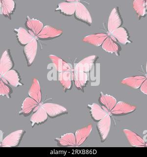 Silvery pink butterflies on a gray background. Seamless pattern of moths. Vector illustration. Stock Vector