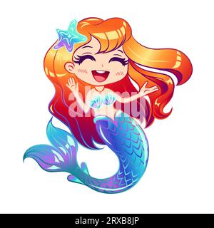Little mermaid with closed eyes and red hair sings. Cute little mermaid for design on a white background. Vector illustration. Stock Vector