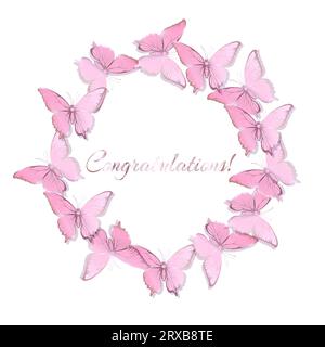 Round frame of pink and golden butterflies. Template with place for text for congratulations design. Vector illustration. Stock Vector