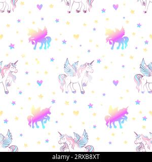 Cute magical unicorn with wings, hearts and stars. Seamless pattern on a white background. Romantic vector illustration for children. Stock Vector