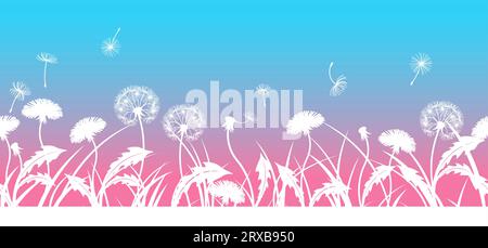 Background of grass and dandelions, flowers, fluff and leaves. White silhouette of grass and flowers on a colored background. Vector pink and blue gra Stock Vector