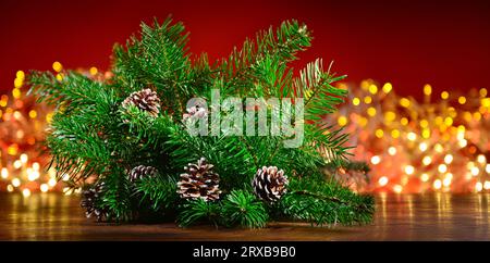 Fir Branches with Cones Lights Stock Photo