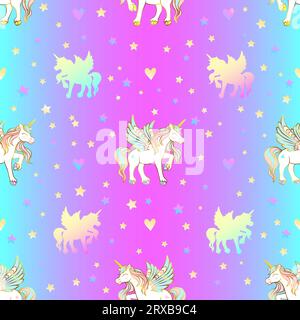 Cute magical unicorn with wings, hearts and stars. Seamless pattern on a reinbow background. Romantic vector illustration for children. Stock Vector