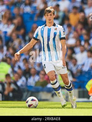 San Sebastian, Spain. 24th Sep, 2023. Robin le Normand of Real Sociedad during the La Liga match between Real Sociedad and Getafe CF played at Reale Arena Stadium on September 24, 2023 in San Sebastian, Spain. (Photo by Cesar Ortiz/PRESSINPHOTO) Credit: PRESSINPHOTO SPORTS AGENCY/Alamy Live News Stock Photo
