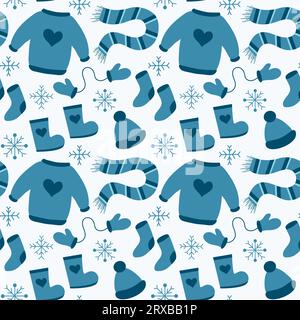 Seamless pattern with winter clothes. Sweater, socks, boots, scarf, mittens, hat and snowflakes. Vector flat illustration. Stock Vector