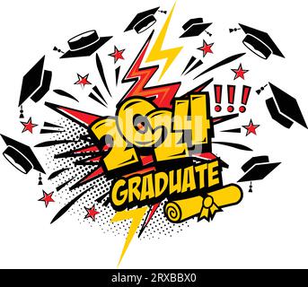 2024 class graduate header. Decorate congratulation for school graduates in comic cartoon style. Vector on transparent background Stock Vector