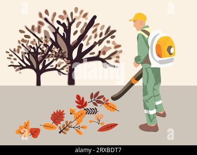 Vector isolated illustration of cleaning autumn leaves. A municipal service worker removes autumn leaves with a vacuum cleaner. Stock Vector