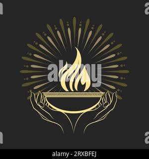 Female Hands with Boil of Sacred Fire Esoteric Emblem isolated on black. Vector illustration Stock Vector