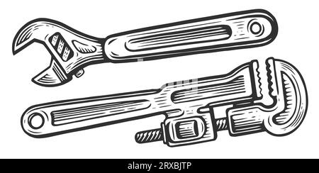 Construction, plumbing spanner vintage illustration. Wrench tool in sketch style Stock Photo