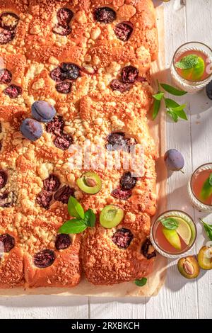 Homemade plum yeast cake freshly baked in kitchen. Plum yeast cake with crumble and berries. Stock Photo