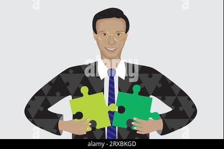 Man with puzzle pieces, dressed in puzzle pieces costume. Vector illustration. Stock Vector