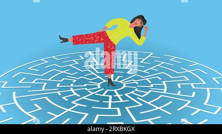 Woman, girl with magnifying glass standig on labyrinth, maze game.  Standing on one leg. Dimension 16:9. Vector illustration. Stock Vector