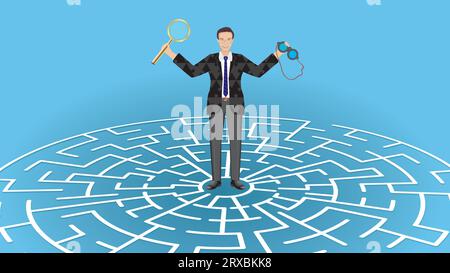 Man at maze game, labyrinth, bringing magnifying glass and binoculars to find the right way forward. Dimension 16:9. Vector illustration. Stock Vector