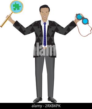 Man with magnifying glass with green puzzle, jigsaw piece and binoculars. Stock Vector