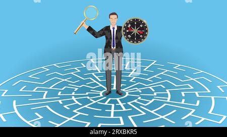 Businessman with magnifying glass and compass, standing on labyrinth, maze game. Dimension 16:9. Vector illustration. Stock Vector