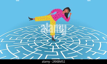 Woman, girl with magnifying glass standig on labyrinth, maze game. Dimension 16:9. Vector illustration. Stock Vector