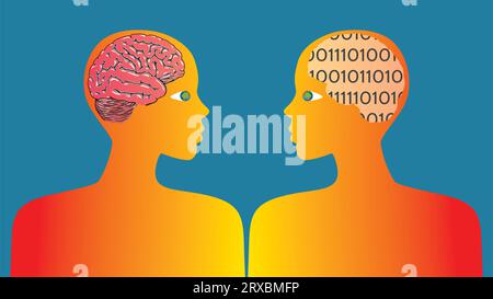 Profiles with eyes with globe Earth and one ordinary brain and one with 0 och 1. Dimension 16:9. Vector illustration. Stock Vector