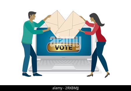 Man and woman leaving their votes online. Isolated. Vector illustration. Stock Vector