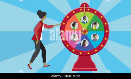 Woman at wheel of fortune. Who will win? Dimension 16:9. Vector illustration. Stock Vector