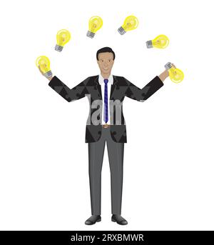 Man juggling with light bulbs. Multitasking, coordinate. Costume with puzzle pieces pattern. Isolated. Vector illustration. Stock Vector