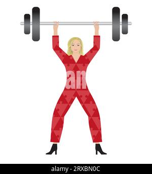 Strong woman, girl weight lifting. Wearing clothes with puzzle pieces pattern. Isolated. Vector illustration. Stock Vector