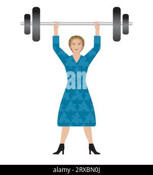 Strong woman weight lifting. Wearing clothes with puzzle pieces pattern. Isolated. Vector illustration. Stock Vector