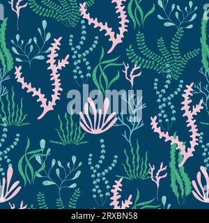 Bright seamless pattern with hand drawn underwater plants. Wavy seaweeds and corals vector design on blue background.  Stock Vector