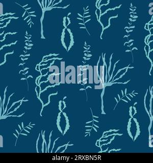 Simple seamless pattern with blue hand drawn seaweeds on dark background. Stock Vector