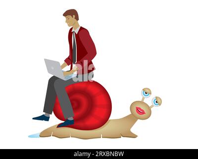 Man with laptop riding on tired snail. Isolated. Vector illustration. Stock Vector