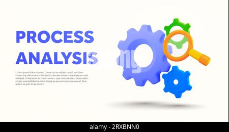 Process analysis banner template with gears and magnifying glass. Production, finance, business operation analysis service landing page. 3d rendered operation analysis icon. 3d vector illustration. Vector illustration Stock Vector