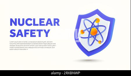Nuclear and radiation safety banner template with shield and atom icon. 3d rendered nuclear icon isolated on white background. Laboratory landing page concept. 3d vector illustration. Vector illustration Stock Vector