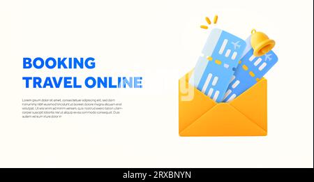 Online booking and travel banner template. 3d rendered yellow envelope with blue air or flight tickets icon, with golden bell, isolated on background. Tickets inside letter. 3d vector illustration. Vector illustration Stock Vector